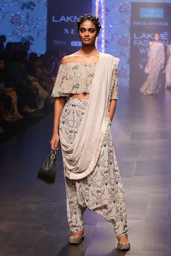 Darisa Mint Printed Crepe Off Shoulder Ruffle Choli with Powder Blue Printed Low Crotch pant and Mukaish Georgette attac