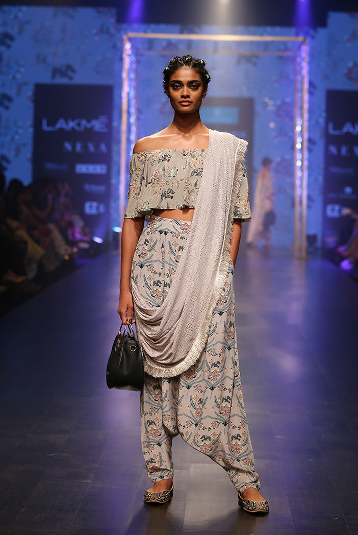Darisa Mint Printed Crepe Off Shoulder Ruffle Choli with Powder Blue Printed Low Crotch pant and Mukaish Georgette attac