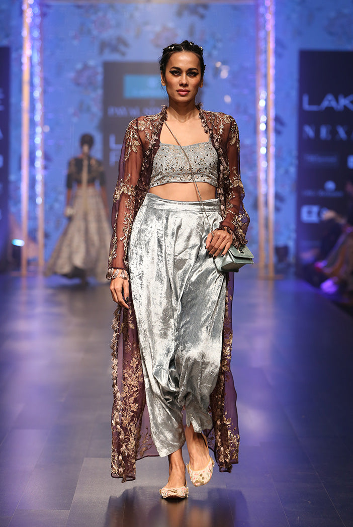 Gulnora Periwinkle Blue Velvet Bustier and Low Crotch Pant with Purple Organza Duster Jacket