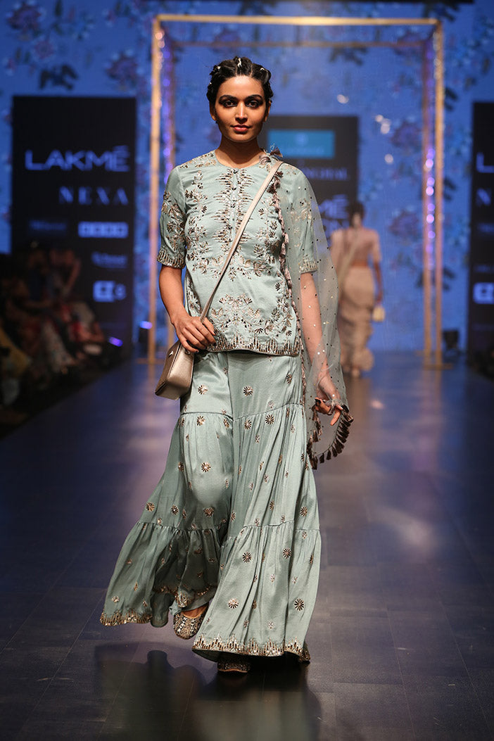 Liana Periwinkle Blue Silk Kurta with Sharara and mukaish Net Dupatta