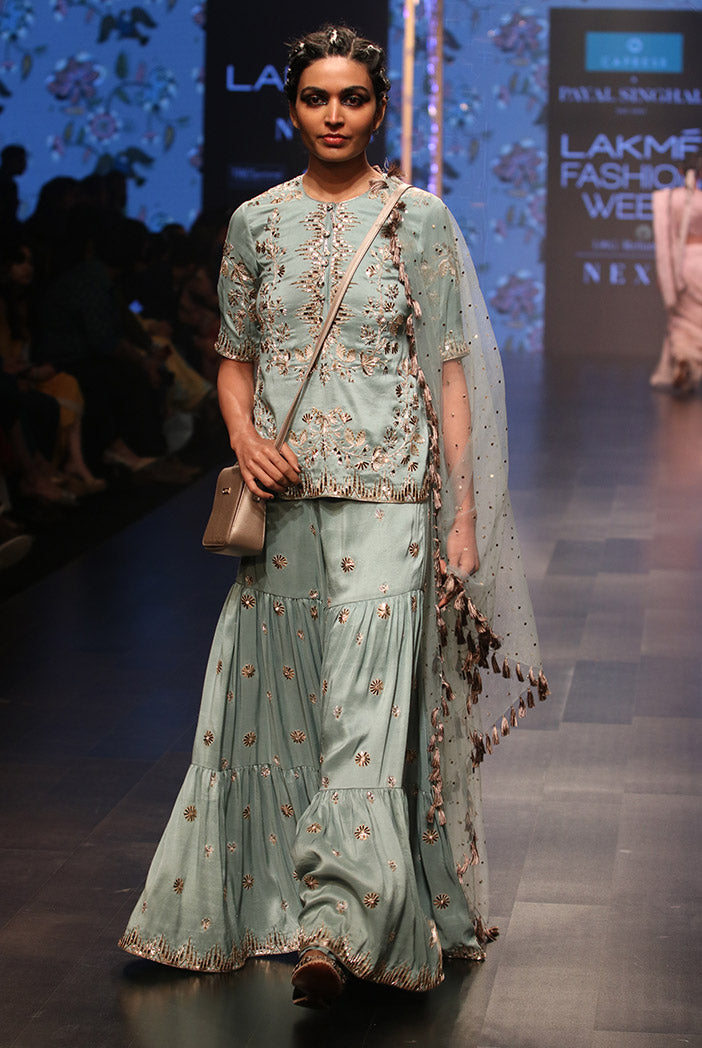 Liana Periwinkle Blue Silk Kurta with Sharara and mukaish Net Dupatta