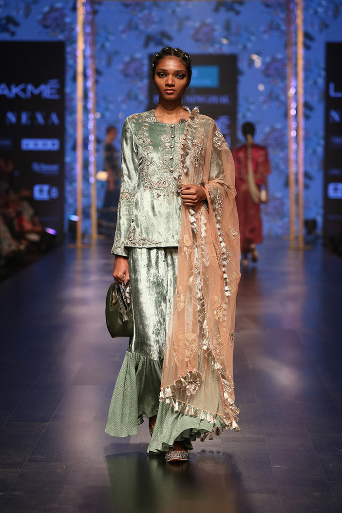 Nasrin Sage Green Velvet Kurta with Velvet and Mukaish Georgette Frill Palazzo and Coral Net Dupatta