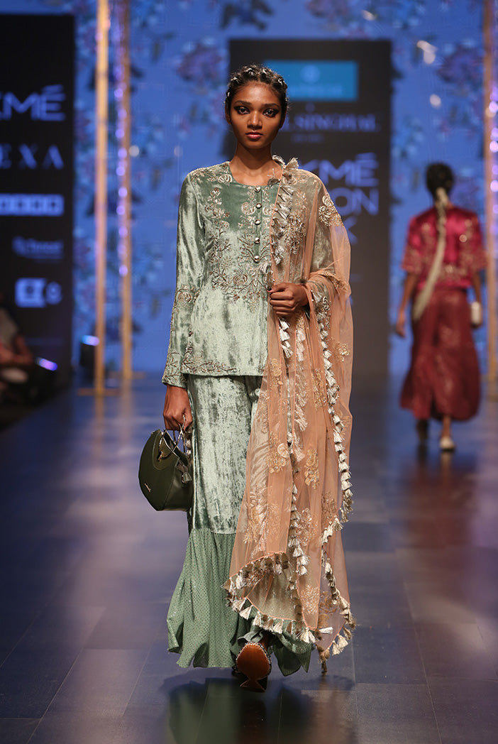 Nasrin Sage Green Velvet Kurta with Velvet and Mukaish Georgette Frill Palazzo and Coral Net Dupatta