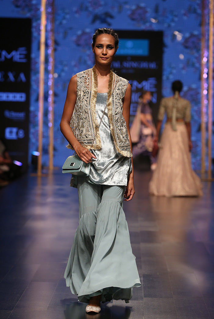Zana Stone Organza Jacket with Periwinkle Blue Velvet Kurta and Georgette Sharara