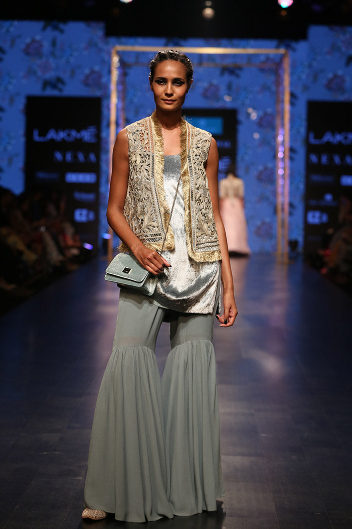 Zana Stone Organza Jacket with Periwinkle Blue Velvet Kurta and Georgette Sharara
