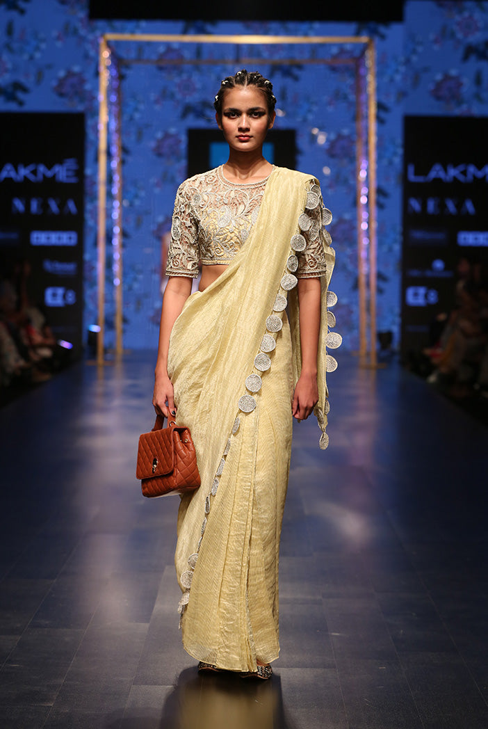 Zarya Pale Yellow Organza Choli with Chanderi Stripe Saree