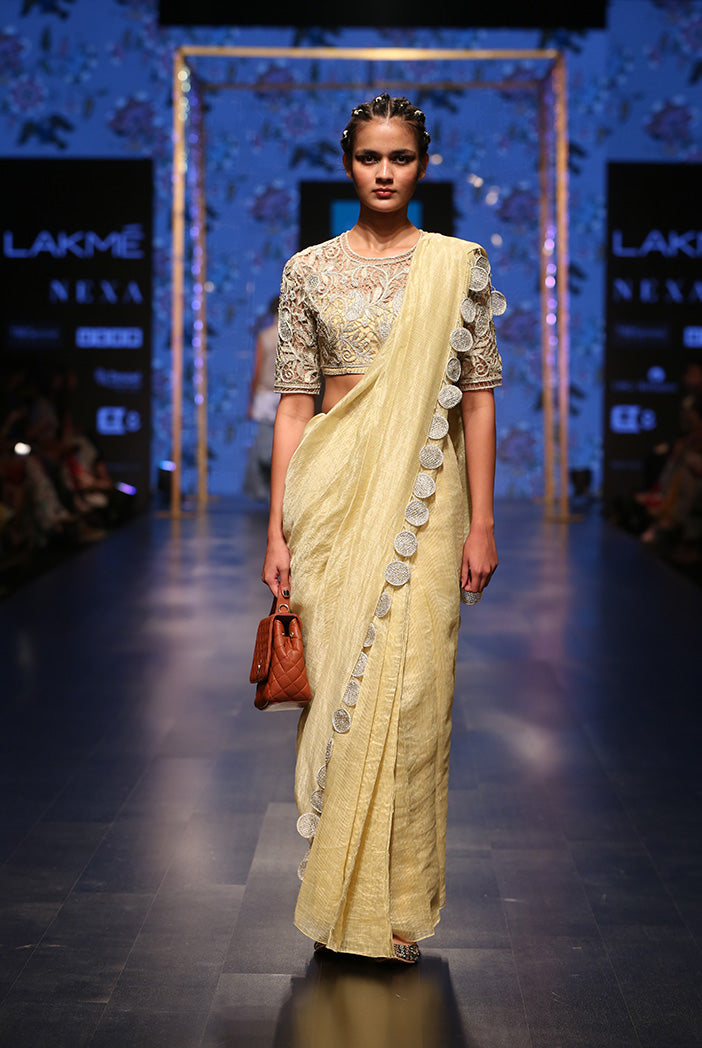 Zarya Pale Yellow Organza Choli with Chanderi Stripe Saree