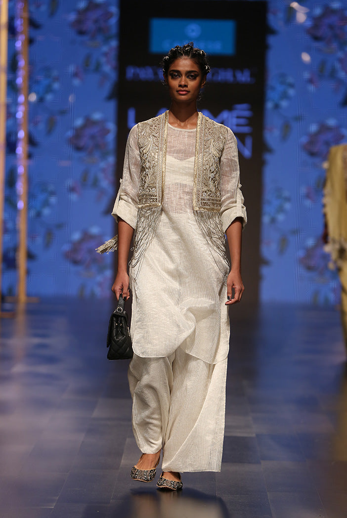 Zara Stone Organza Jacket with Chanderi Stripe Kurta with Palazzo and Bustier
