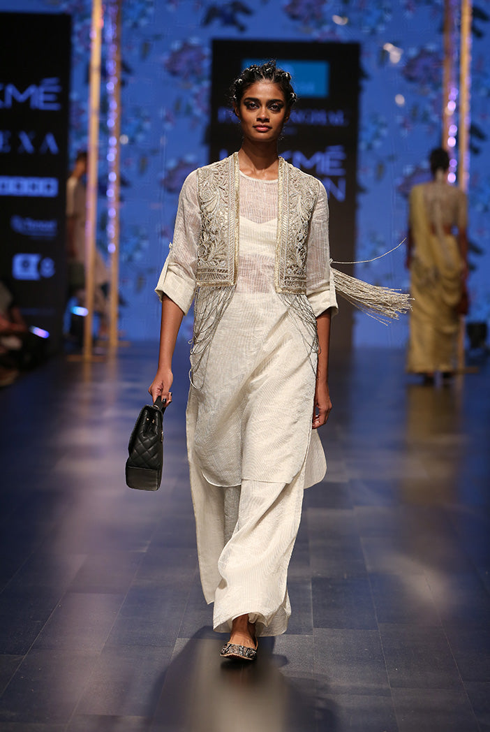 Zara Stone Organza Jacket with Chanderi Stripe Kurta with Palazzo and Bustier