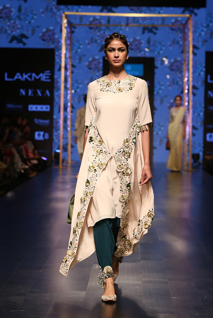 Zumara Stone Crepe Overlap Kurta with Ocean Teal Silk Low Crotch Pant