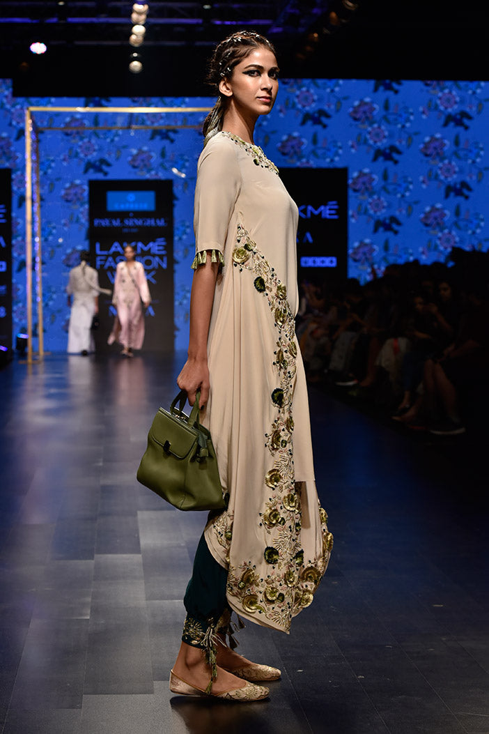 Zumara Stone Crepe Overlap Kurta with Ocean Teal Silk Low Crotch Pant