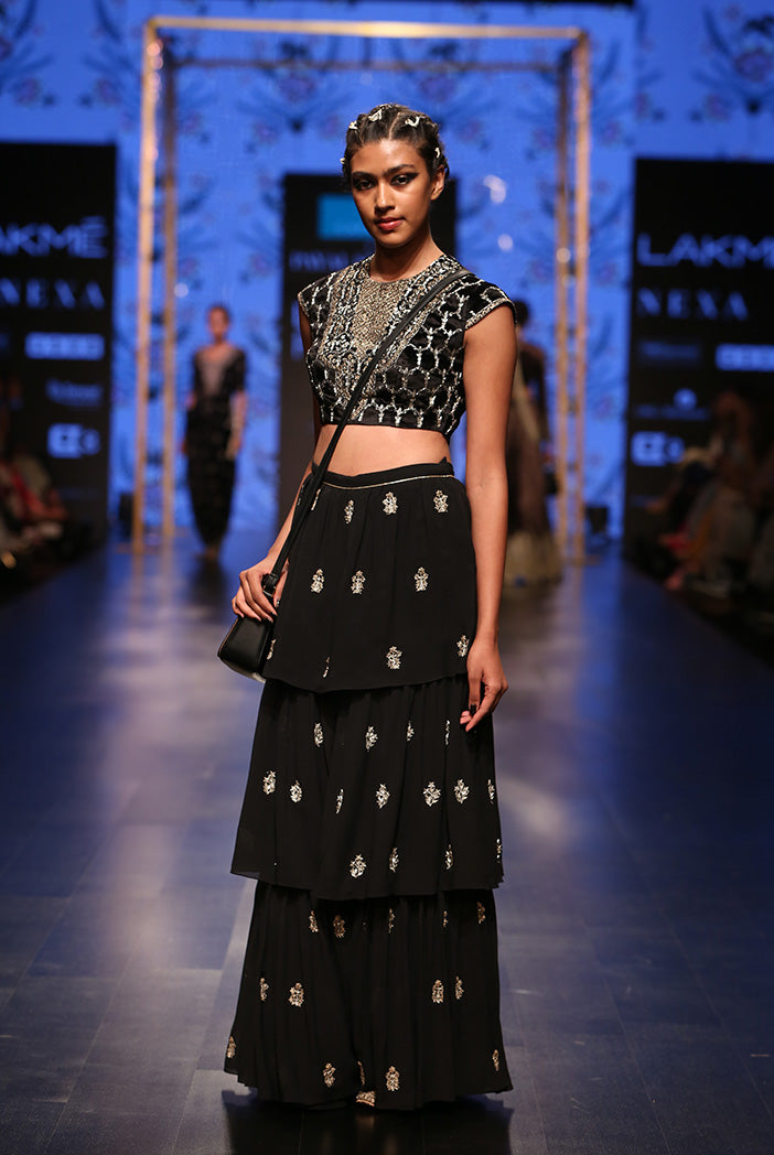 Nasiba Black Velvet Choli with Georgette Layered Sharara