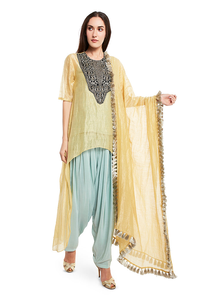 Pale Yellow Colour Chanderi Stripe High-Low Kurta with Dupatta and Aqua Colour Silk Camisole with Salwar