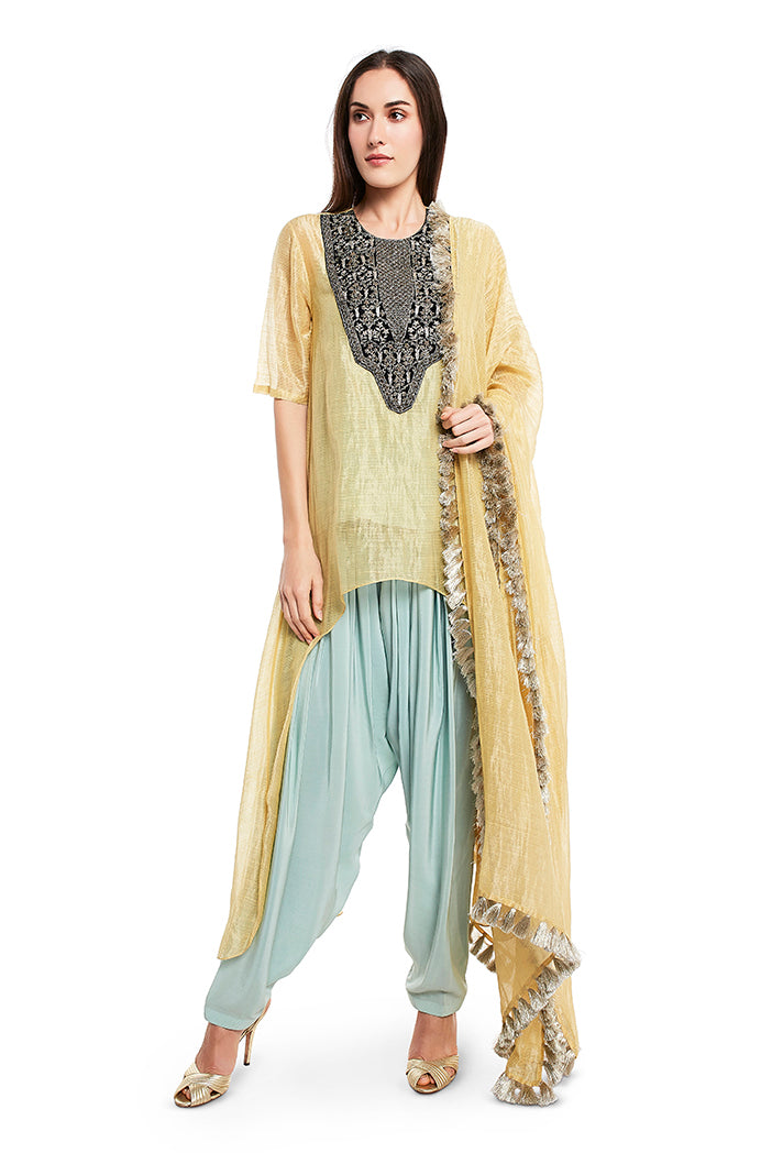 Pale Yellow Colour Chanderi Stripe High-Low Kurta with Dupatta and Aqua Colour Silk Camisole with Salwar
