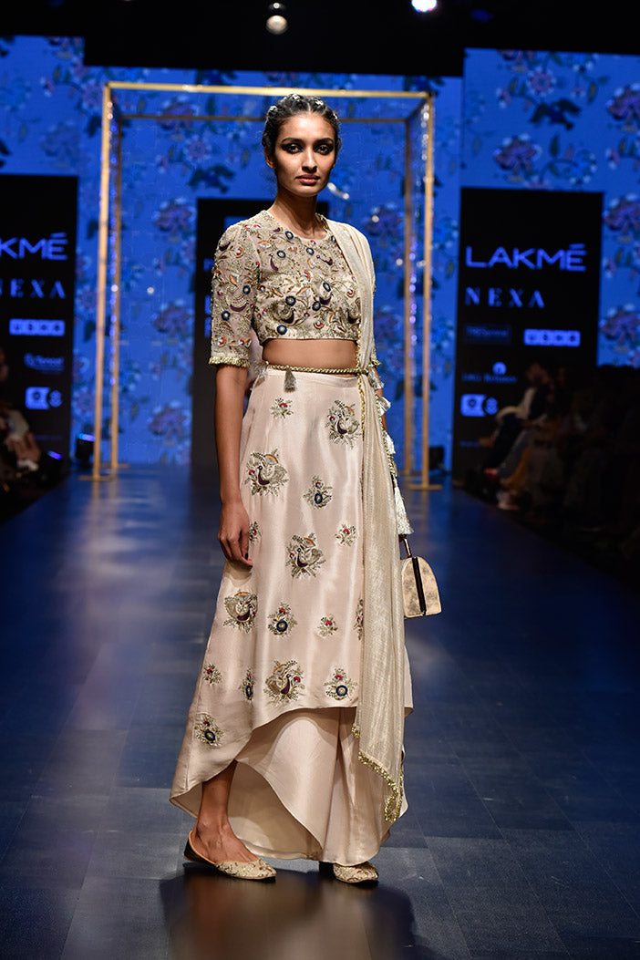 Gulbanu Stone Organza Choli with Silk Skirt Palazzo and Chanderi Stripe Dupatta