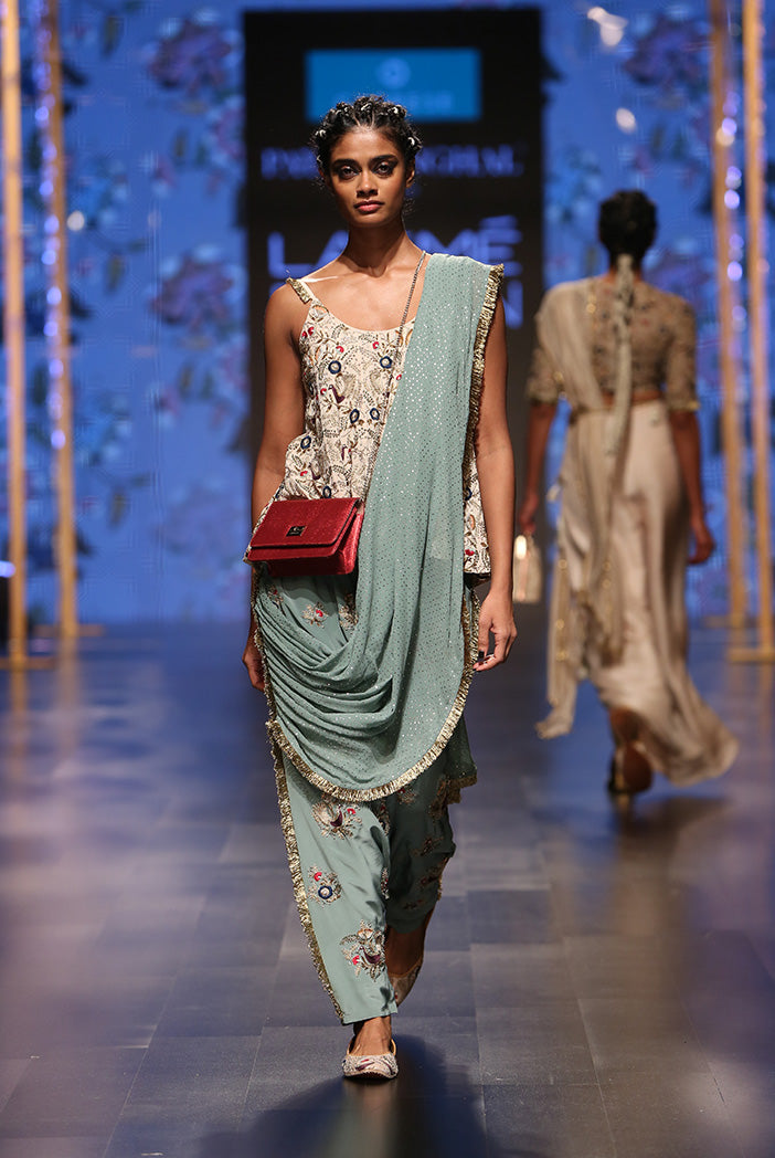 Merunisa Stone Crepe Short Anarkali Top with Perwinkle Blue Crepe Low Crotch Pant and attached Mukaish Georgette Drape