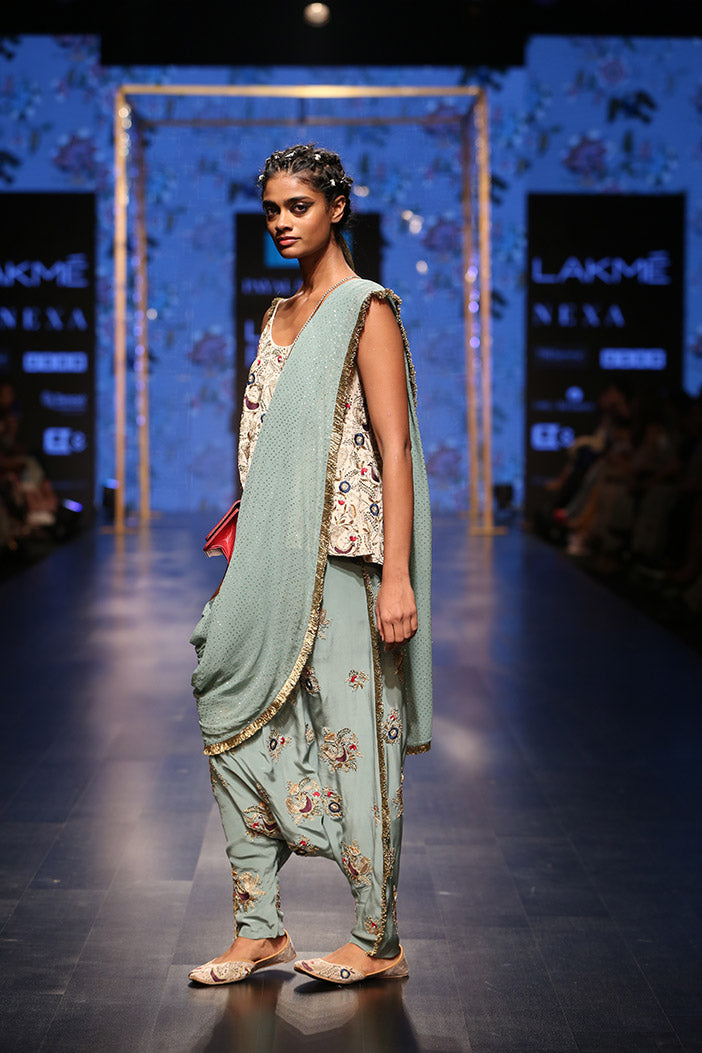 Merunisa Stone Crepe Short Anarkali Top with Perwinkle Blue Crepe Low Crotch Pant and attached Mukaish Georgette Drape