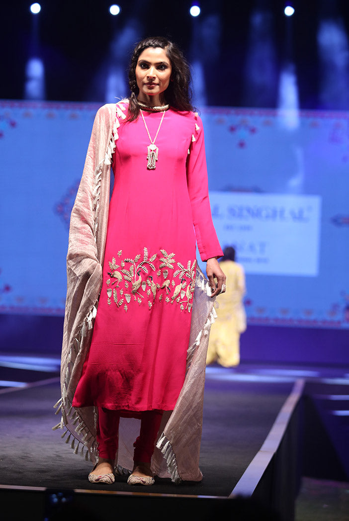 Mehpar Hot Pink Crepe Kurta with soft Net Churidar and Grey Chanderi Stripe Dupatta