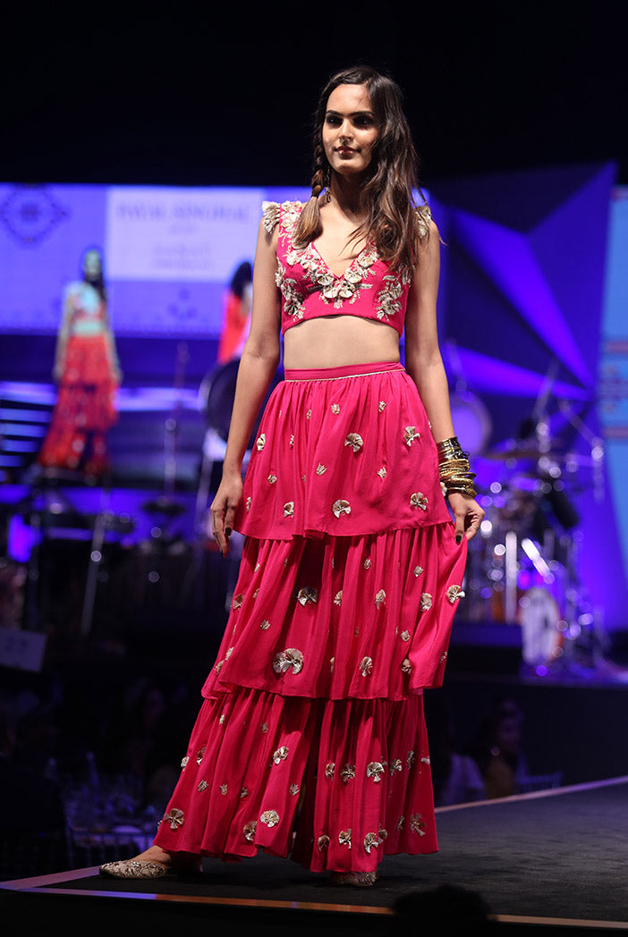 Riza Hot Pink Crepe Choli with Layered Sharara Pant
