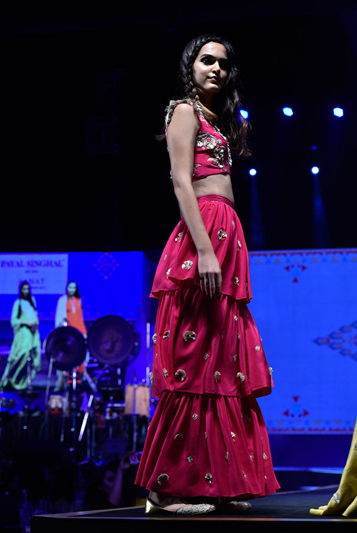 Riza Hot Pink Crepe Choli with Layered Sharara Pant