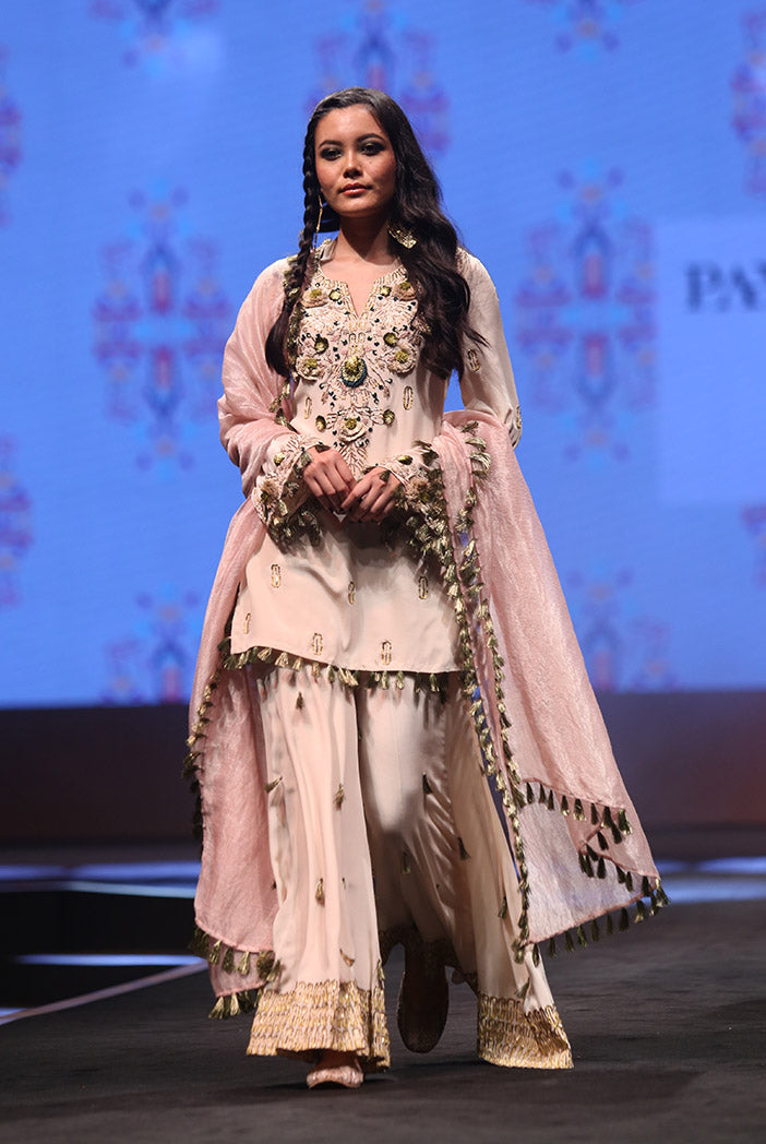 Kera Stone Crepe Kurta with Sharara and Rose pink Chanderi Stripe Dupatta