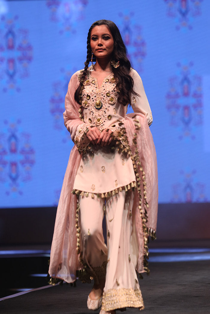 Kera Stone Crepe Kurta with Sharara and Rose pink Chanderi Stripe Dupatta