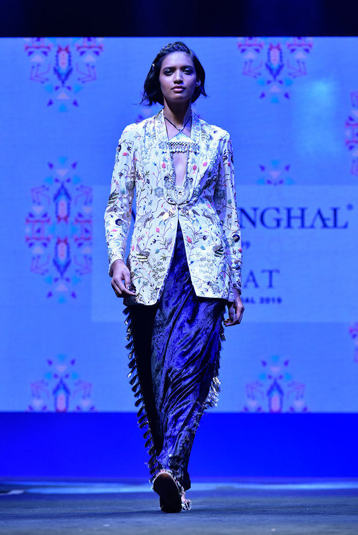 Atilla Stone Crepe Jacket with Navy Blue Low Crotch Pant