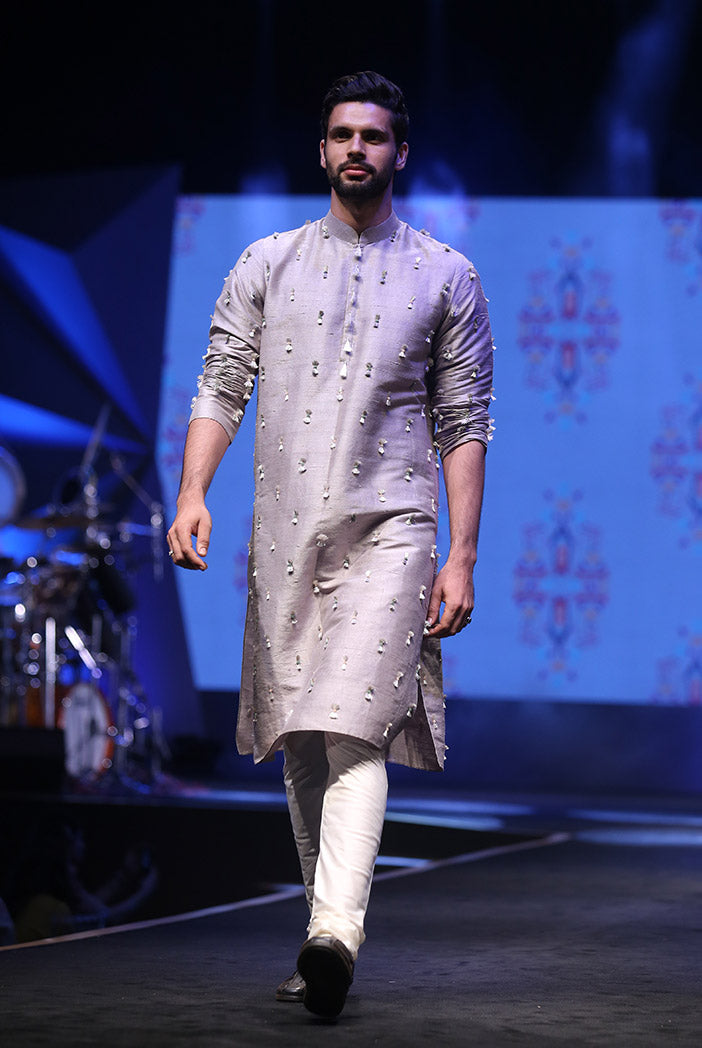 Arsalan Grey Dupion Silk Kurta with Off-white Cotton Silk churidar