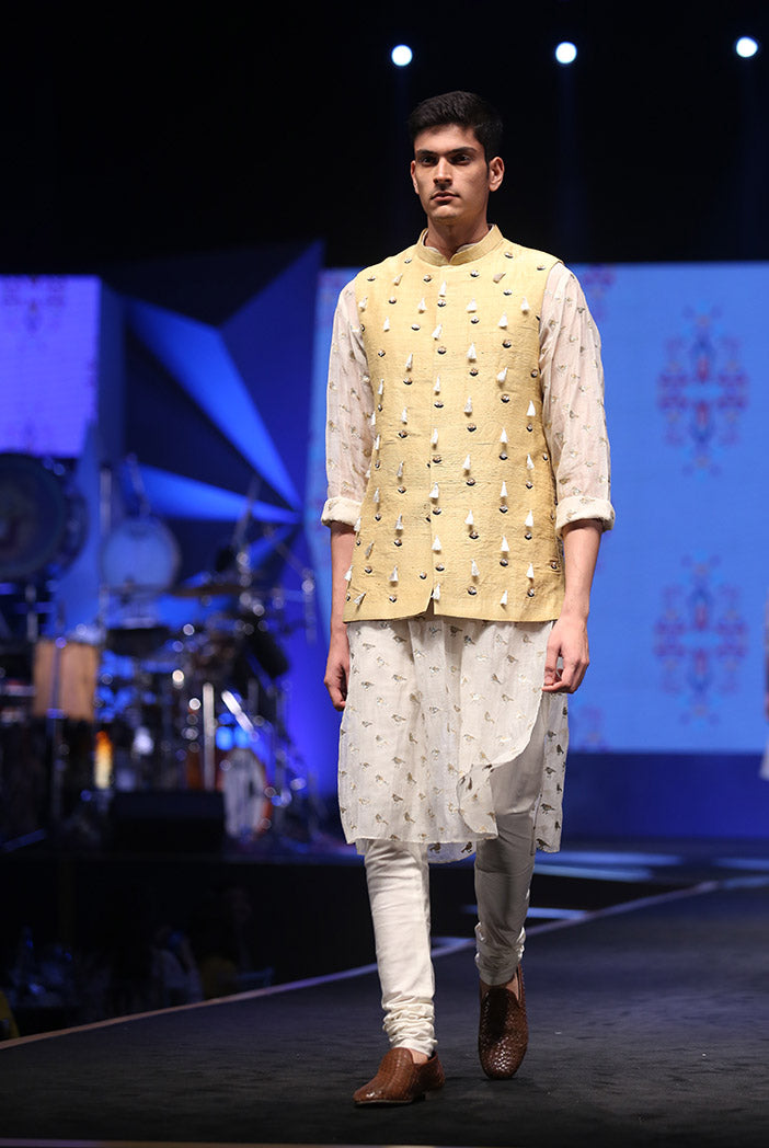 Aslan Cream Organza Kurta with Pale Yellow Dupion Silk Bandi and off-White Cotton Silk Churidar