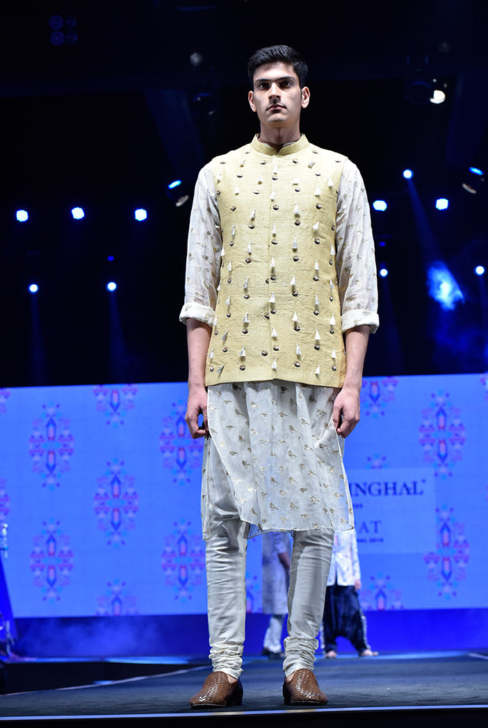 Aslan Cream Organza Kurta with Pale Yellow Dupion Silk Bandi and off-White Cotton Silk Churidar
