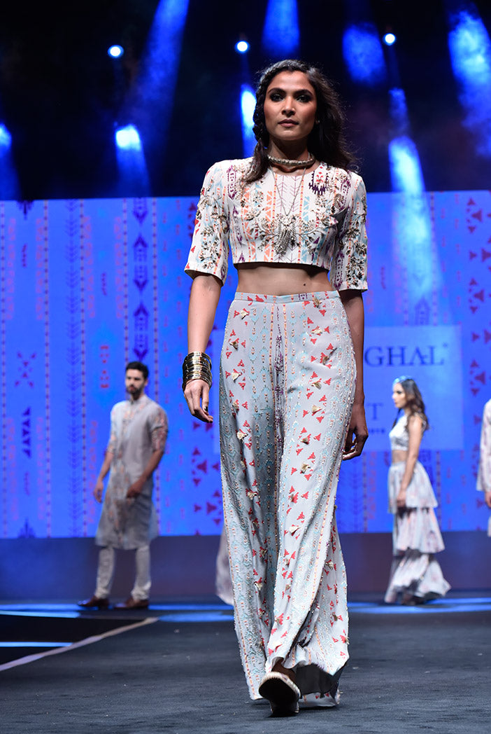 Ayatal Cream Printed Crepe Choli with Grey Printed Crepe Palazzo