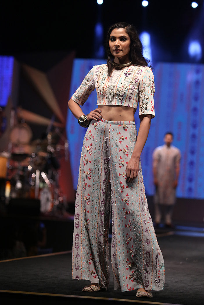 Ayatal Cream Printed Crepe Choli with Grey Printed Crepe Palazzo