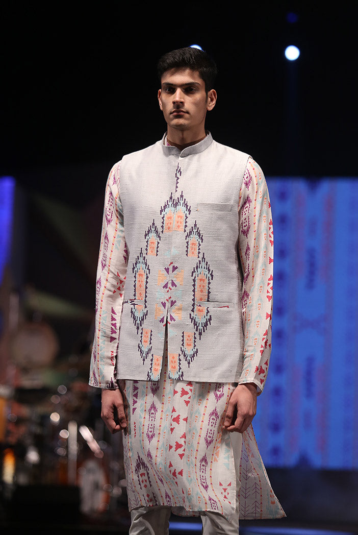 Zaheer Cream Printed Silkmul Kurta with Grey Printed Dupion Silk Bandi and off-White Cotton Silk Churidar