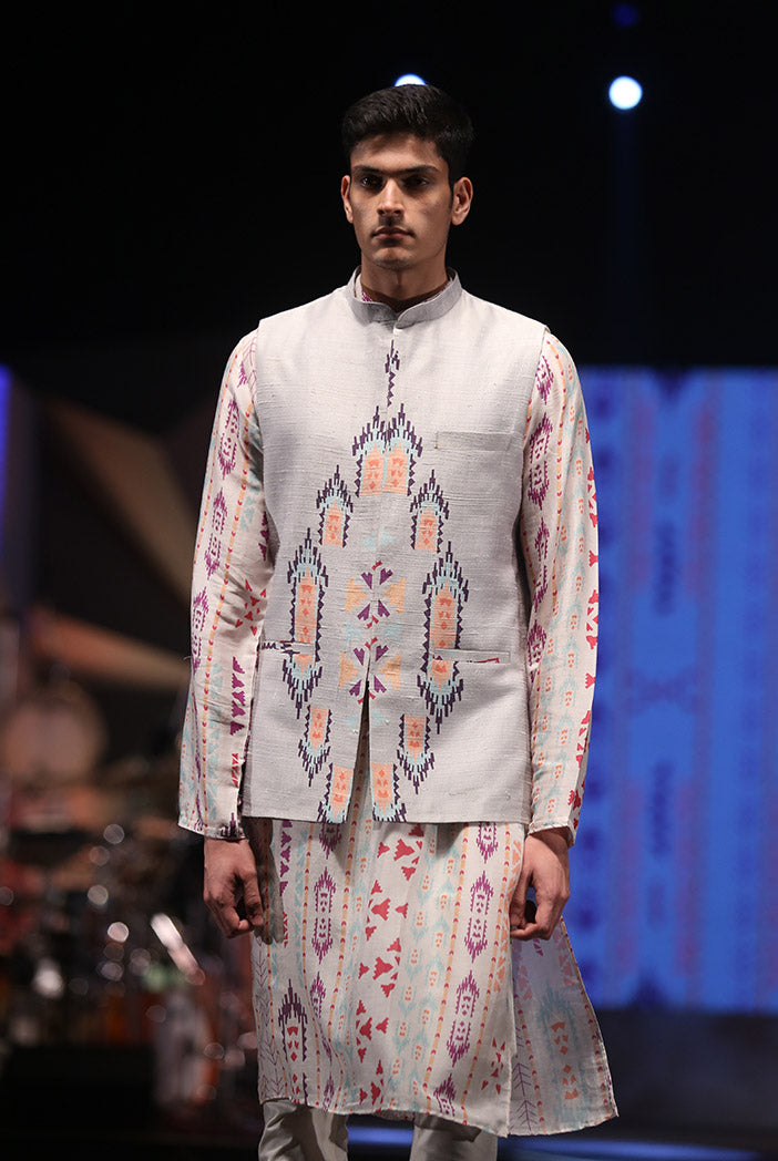 Zaheer Cream Printed Silkmul Kurta with Grey Printed Dupion Silk Bandi and off-White Cotton Silk Churidar