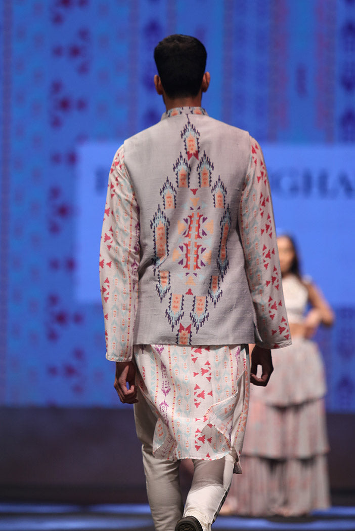 Zaheer Cream Printed Silkmul Kurta with Grey Printed Dupion Silk Bandi and off-White Cotton Silk Churidar