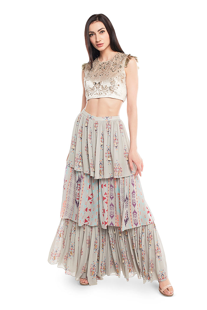 Grey Velvet Choli with Grey Printed Georgette Layered Sharara