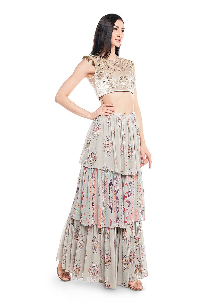 Grey Velvet Choli with Grey Printed Georgette Layered Sharara
