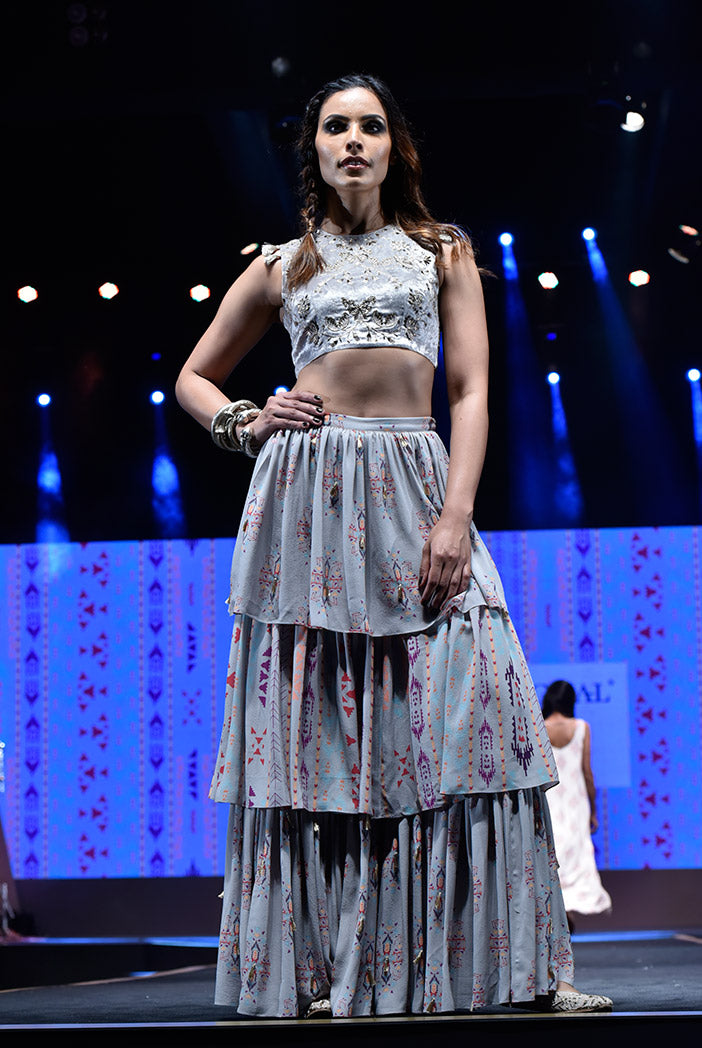 Atoosa Grey Velvet Choli with Grey Printed Georgette Layered Sharara