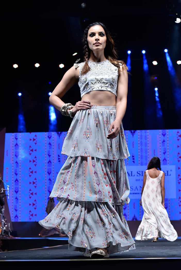 Atoosa Grey Velvet Choli with Grey Printed Georgette Layered Sharara