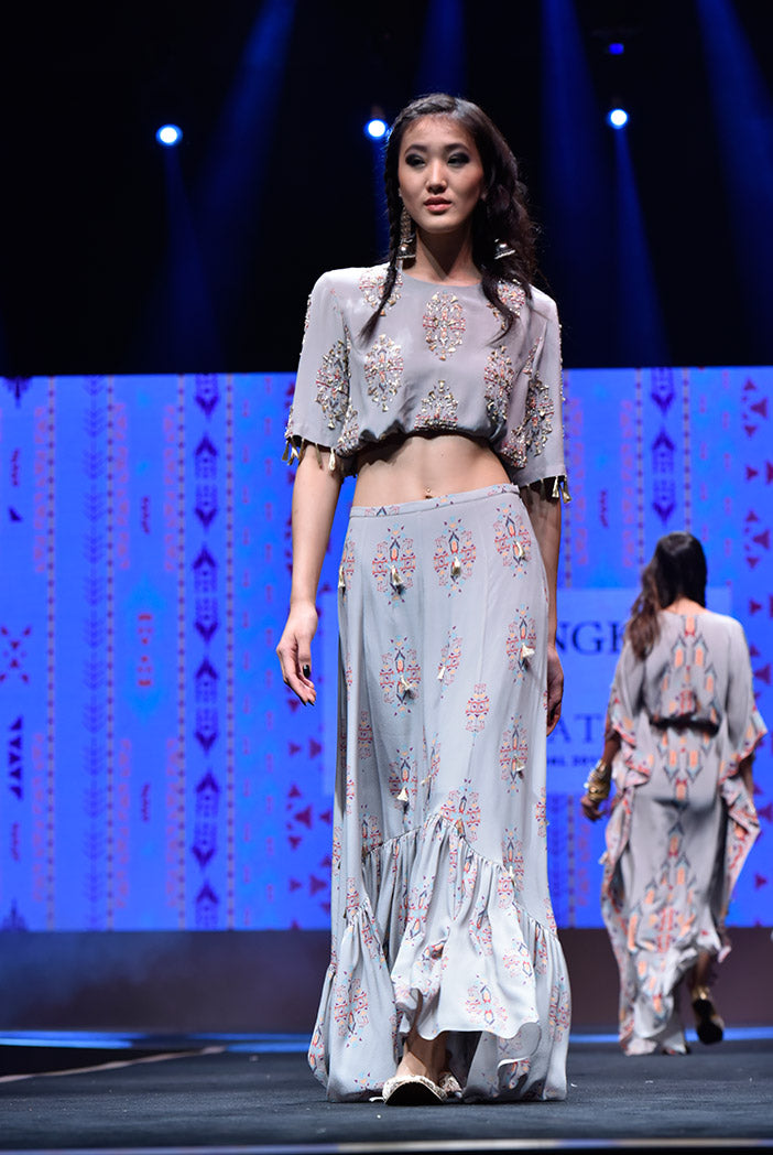 Eren Grey Printed Crepe Balloon Top with Crepe and Georgette Frill Skirt