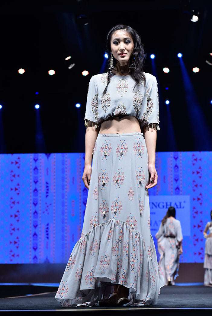 Eren Grey Printed Crepe Balloon Top with Crepe and Georgette Frill Skirt