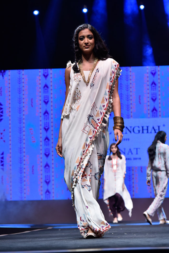 Itrat Cream Printed Georgette Top and Saree