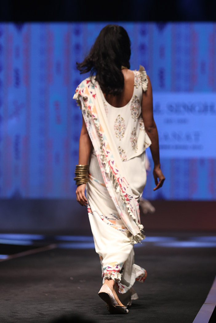 Itrat Cream Printed Georgette Top and Saree