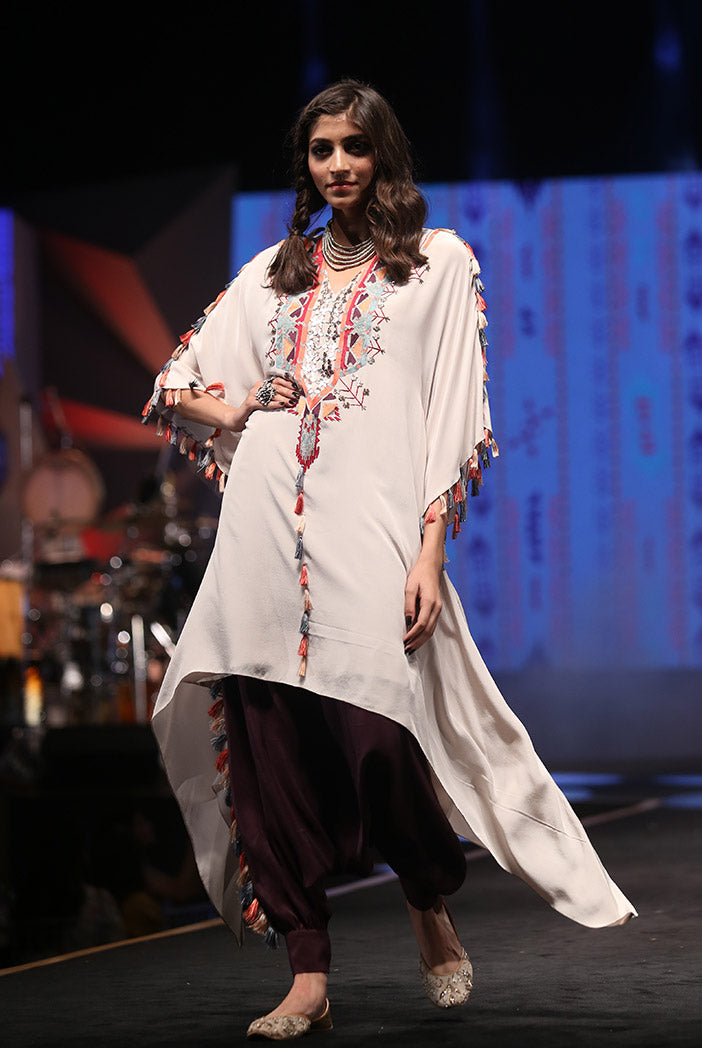 Saneh Stone Crepe Kaftan with Camisole and Purple Low Crotch Pant