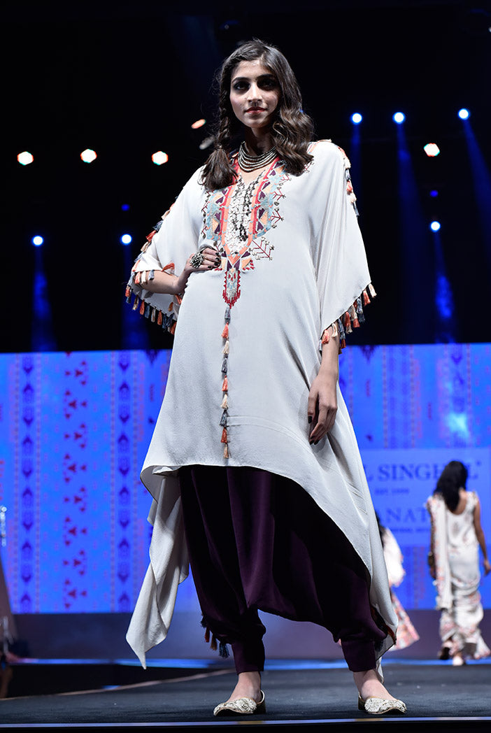 Saneh Stone Crepe Kaftan with Camisole and Purple Low Crotch Pant