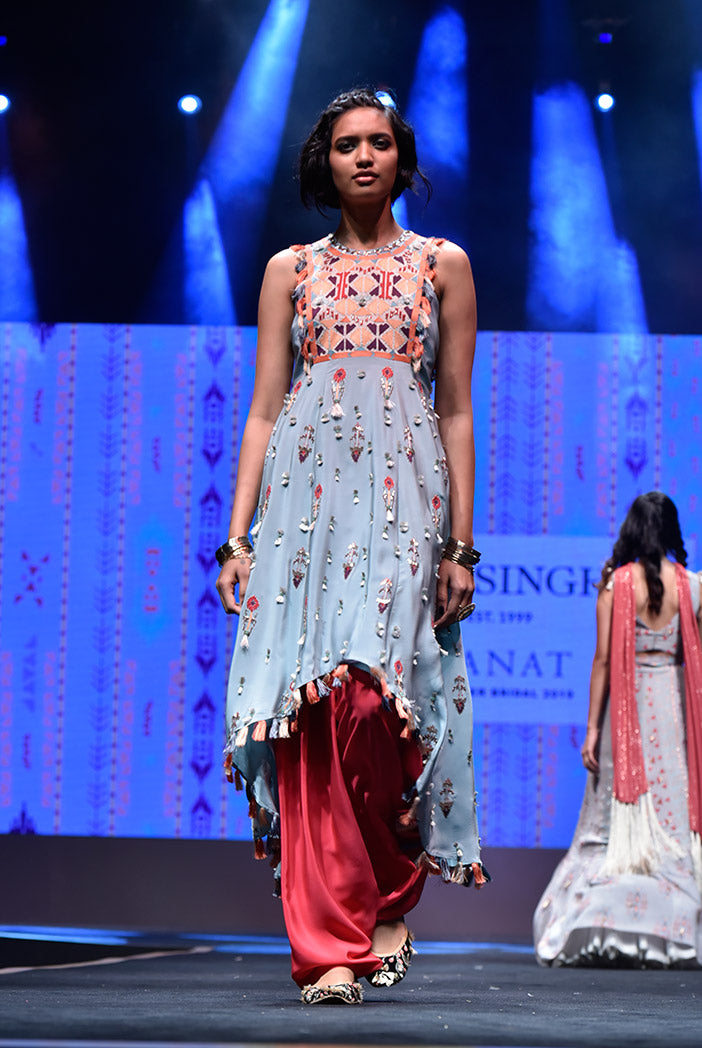 Gulbar Periwinkle Blue Crepe High-Low Kurta with Cranberry Crepe Salwar