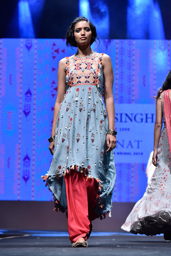 Gulbar Periwinkle Blue Crepe High-Low Kurta with Cranberry Crepe Salwar