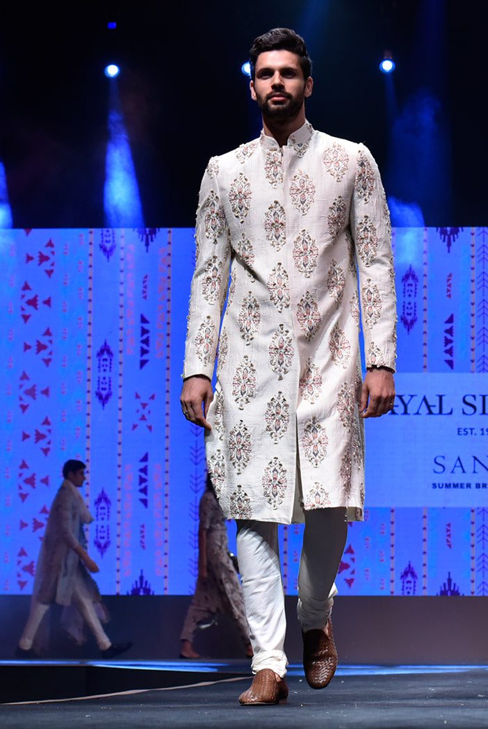 Reyhan Cream Printed Dupion Silk Sherwani With Off White Cotton Silk Churidar
