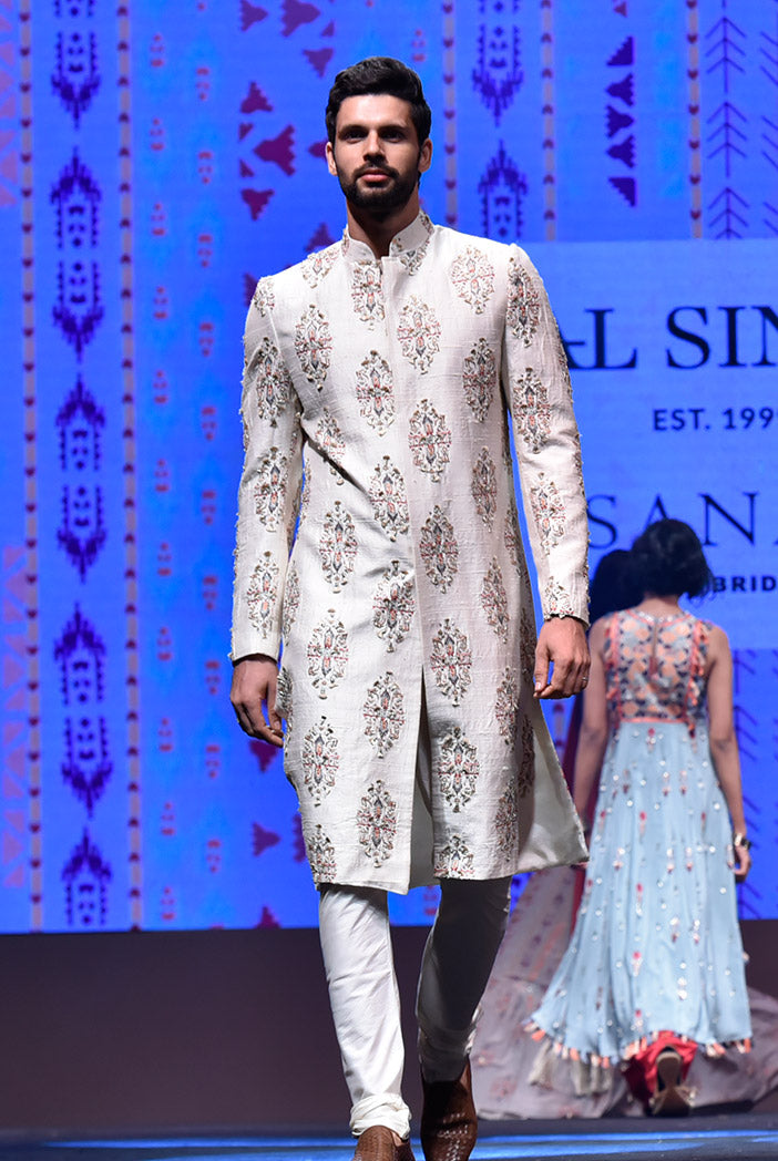 Reyhan Cream Printed Dupion Silk Sherwani With Off White Cotton Silk Churidar