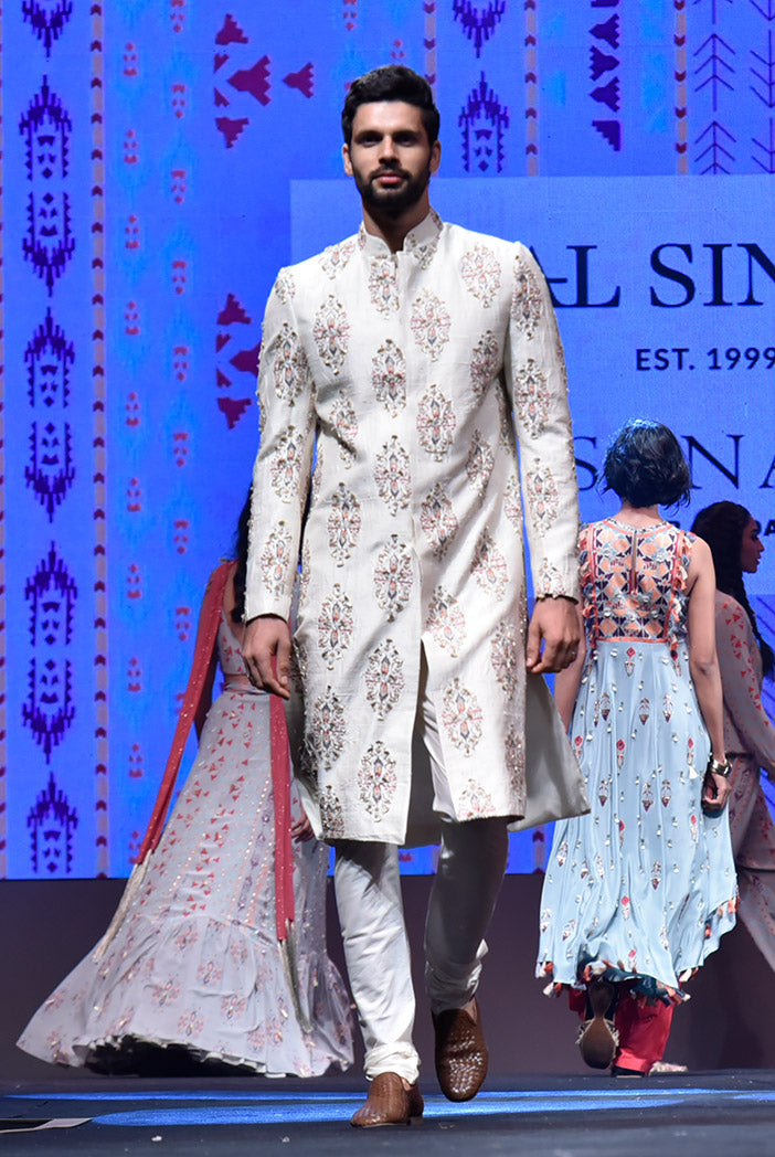 Reyhan Cream Printed Dupion Silk Sherwani With Off White Cotton Silk Churidar